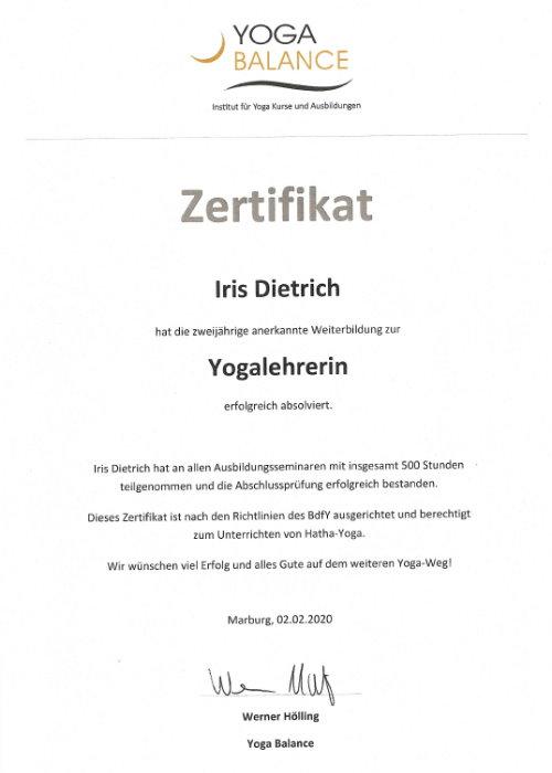 Yoga-Zertifikat Iris Dietrich Naturerlebnis YOGA