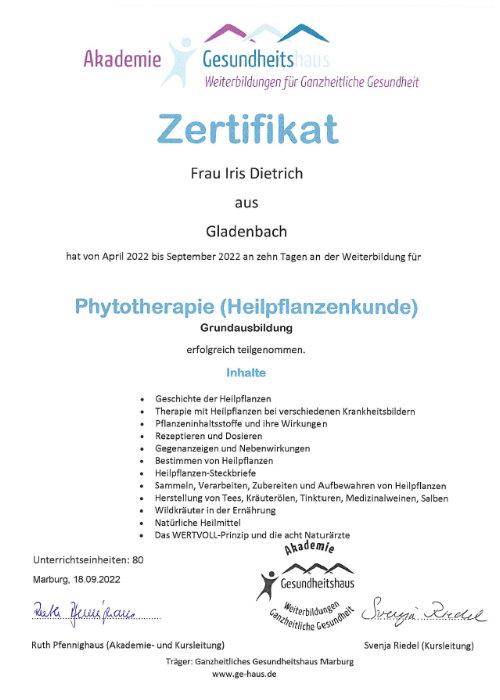 Zertifikat Phytotherapie Iris Dietrich Naturerlebnis YOGA
